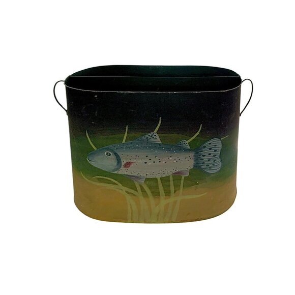 Magazine Holder Fish Painting Tin Bin with Trout Design vintage Rustic Decor